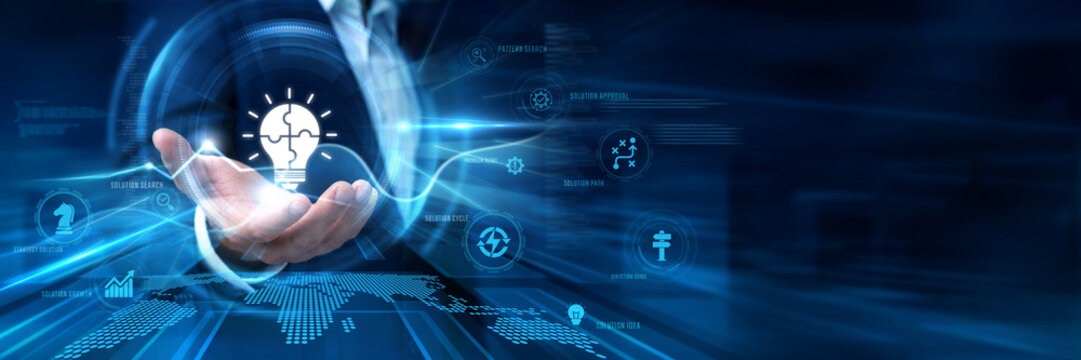 Businessman Hand Hold Solutions and global corporate data networking. Creative business success strategies, modern technical troubleshooting answers, corporate progress project