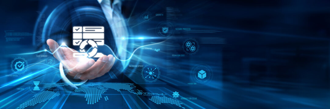 Businessman Hand Hold Agile and global business data networking. Software development, scrum project management, flexible workflow process, team collaboration efficiency, software engineering