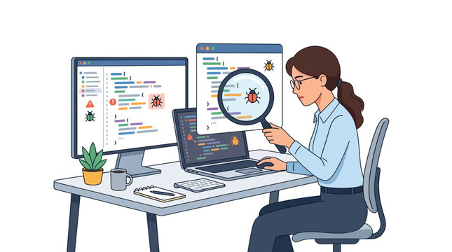 Female quality assurance tester finding software bugs through code inspection for application development flat vector element.