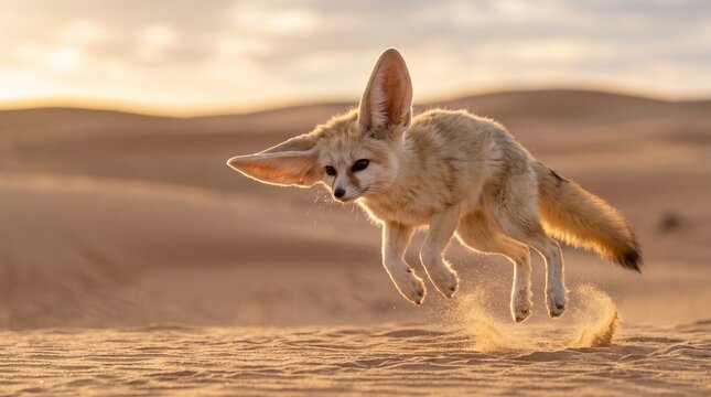 Fennec fox leaping across sandy desert landscape at sunset
