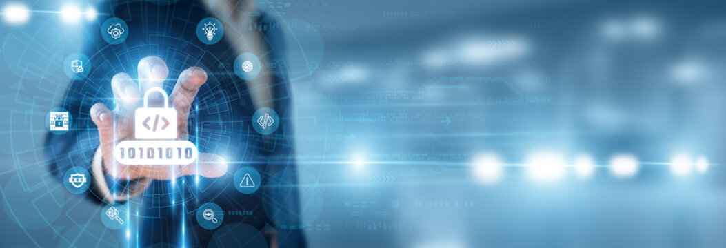 Cyber Security Developer hand holding Secure Coding and data networking, software vulnerability prevention, application defense programming, encryption key deployment, digital code safety.