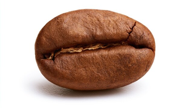 Close-up Macro Shot of a Single Roasted Coffee Bean on a White Background.