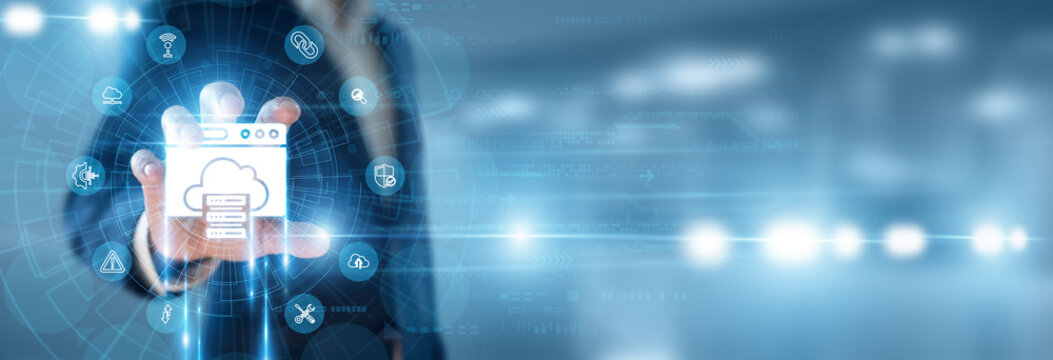 Server Administrator hand holding Web Hosting and data networking, cloud database server maintenance, website domain management infrastructure, digital platform uptime security, remote storage.