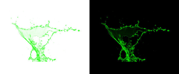 Obraz premium Green liquid splash on white and black background, dynamic water splashing effect, toxic lime juice burst