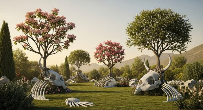 Surreal landscape with animal skulls trees.