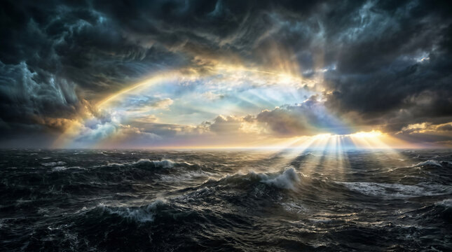 The Second Day of Creation, God creating the firmament to separate the waters above from the waters below