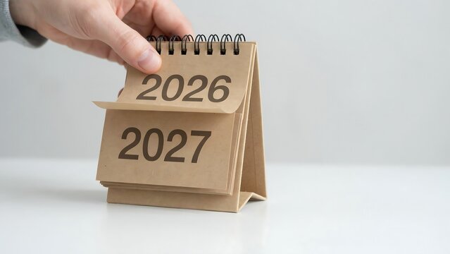 Person hand turning pages on small kraft paper desk calendar changing year from 2026 to 2027 marking transition period time management schedule planning future dates events.