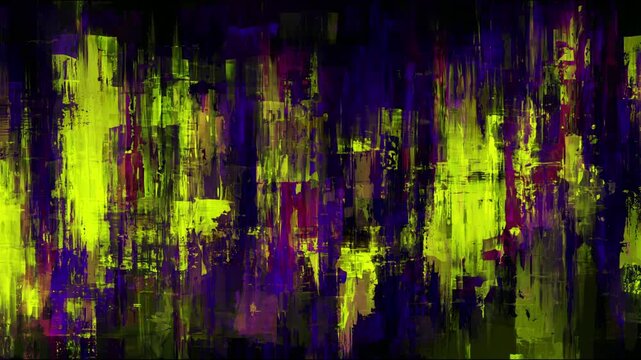 Futuristic Deep Purple And Neon Yellow Abstract Grunge Background Featuring Random Brush Strokes For High Energy Nightlife Videos