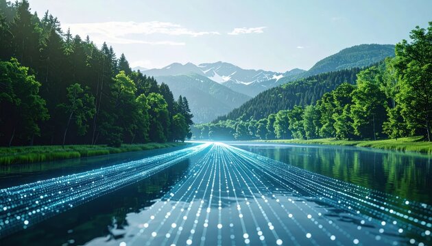 Futuristic data light trails on a scenic river surface.