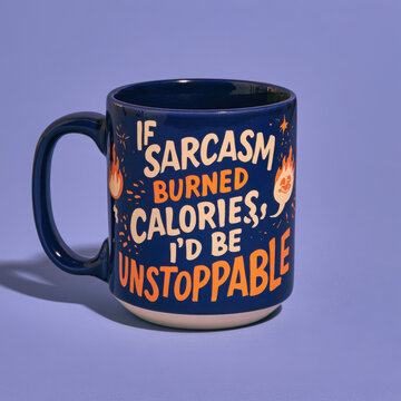 Navy ceramic mug featuring a humorous sarcasm and calorie quote in bold orange and cream lettering, photographed against a clean lavender studio background.