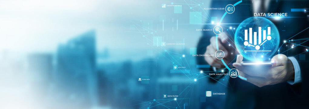 Businessman Using Phone for Data Science and Global Data Analysis. Predictive Modeling Algorithms, Advanced Statistical Computing, Machine Learning Insights, Complex Enterprise Analytics