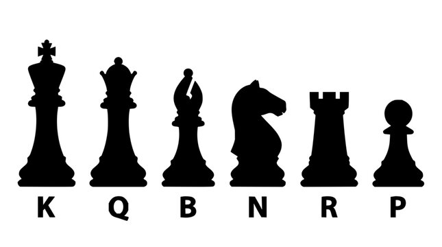 Black chess pieces set with isolated pawns, rooks, knights, bishops, queen and king on white background featuring classic design with glossy finish