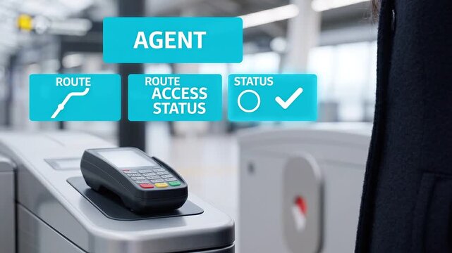Commuter tapping transit card on payment terminal at station turnstile