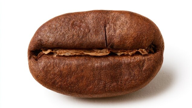 Close-up Macro Shot of a Single Roasted Coffee Bean on a White Background.