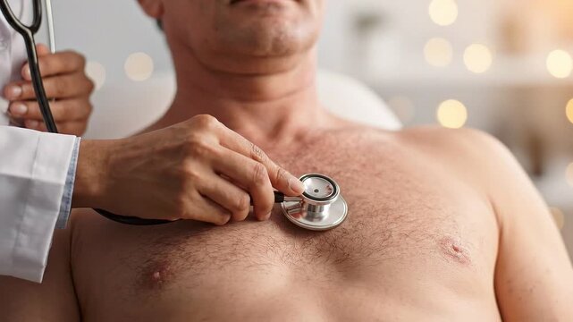 Doctor listens to the heartbeat of a male patient using a stethoscope during a clinical examination in a bright office.
