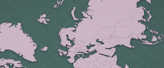 3D Render World Map Artistic Representation Isometric View Europe Russia Asia Teal Pink Background © cynefin