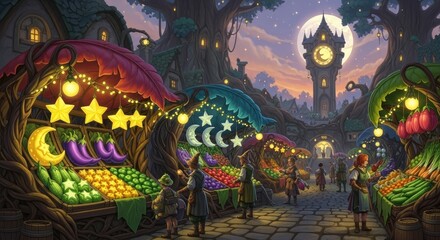 Obraz premium Whimsical fantasy market at dusk with clock tower.