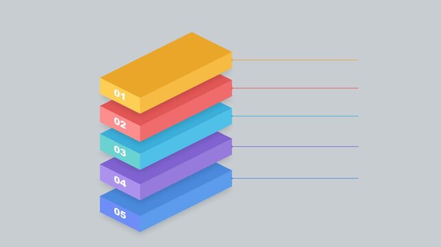 Isometric stacked bars infographic template with five colorful layers, numbered steps, and text lines for data presentation