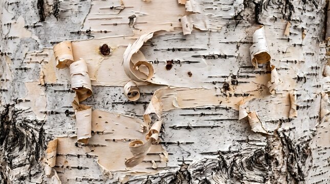 White birch tree bark texture featuring peeling paper layers with natural black horizontal markings in soft bright daylight outdoor lighting