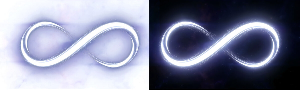 Two glowing infinity symbols featuring a bright white light effect created with magical particles and abstract energy trails isolated on transparent background