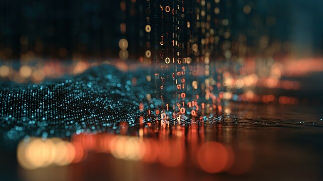 Abstract digital landscape with dark blue wavy illuminated dot mesh, warm yellow amber red binary code flowing across undulating terrain, low angle view and strong bokeh effect