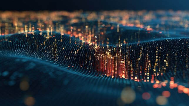 Abstract digital landscape with dark blue wavy illuminated dot mesh, warm yellow amber red binary code flowing across undulating terrain, low angle view and strong bokeh effect