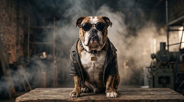 A cool bulldog wearing sunglasses and a leather jacket sits proudly in a smoky workshop, exuding an aura of tough charm and unique personality.