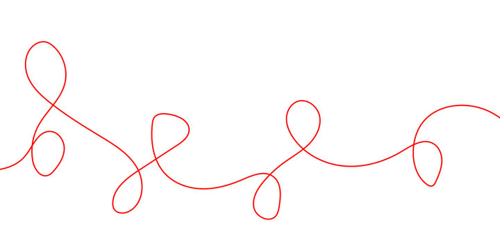 Minimalist red string line with loops on white background, abstract tangled thread path for connection concept, simple continuous yarn stroke for creative design and sewing projects