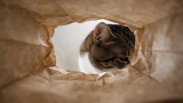 A curious cat peers through a small opening in a paper bag, head tilted, one paw gripping the edge; the scene radiates playful charm and cozy domestic warmth.

