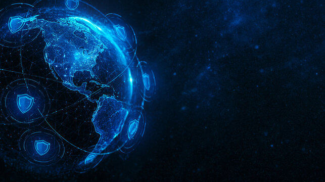 A glowing digital globe is encircled by interconnected security shield icons on a dark, abstract background. Illustrates global cybersecurity, data protection, and secure.