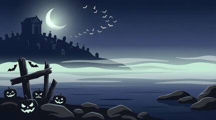 Naklejka premium Spooky halloween night landscape featuring glowing jack o lanterns near a dark cemetery under a bright crescent moon