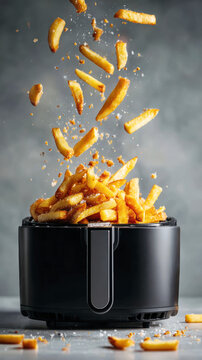 Crispy French Fries in Air Fryer Basket with Hand &ndash; AI Generative