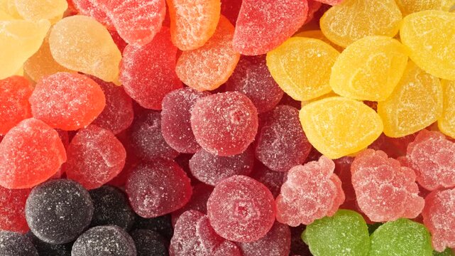 Colorful fruit flavored soft gummy candy rotating