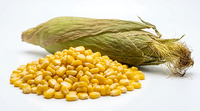 Fresh sweet corn kernels piled in front of a whole cob with green husk and silk, organic harvest and healthy food concept