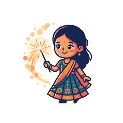 Fototapeta premium Small girl in traditional Indian outfit with sparkler.