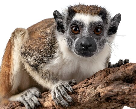 Close up of a pied tamarin monkey looking directly at the camera, perched on a branch with a white background