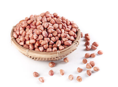 Fresh Skinned Peanut Kernels in Wicker Basket - Raw Groundnuts on White Background