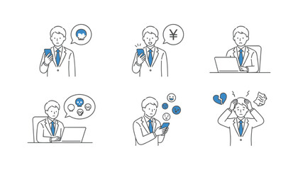 Fototapeta premium Businessman avatar icon set showing smartphone stress laptop work financial fraud online bullying and mental anxiety