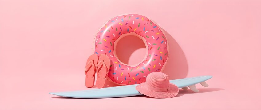 Colorful Summer Vacation Essentials with Donut Float, Flip Flops and Surfboard
