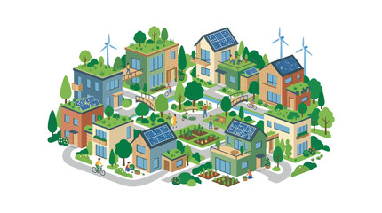 Fototapeta premium Eco-Friendly Sustainable Village Community with Green Roofs and Solar Panels