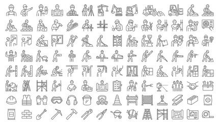 Fototapeta premium Construction and Engineering Line Icon Set with Builder Labor Worker and Industrial Repair Tool Symbols