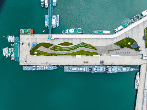 Weihai Pier Aerial View with Boats and Scenic Harbor, China