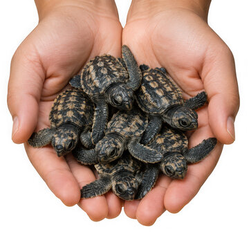 Hands holding a group of cute baby sea turtles isolated on transparent background