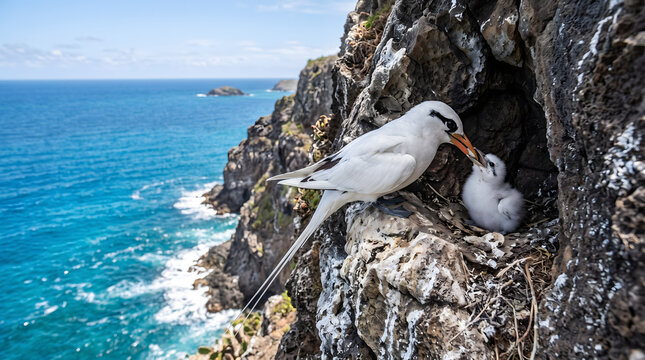 White-tailed tropicbird feeding its chick on a rocky coastal cliff above the blue ocean