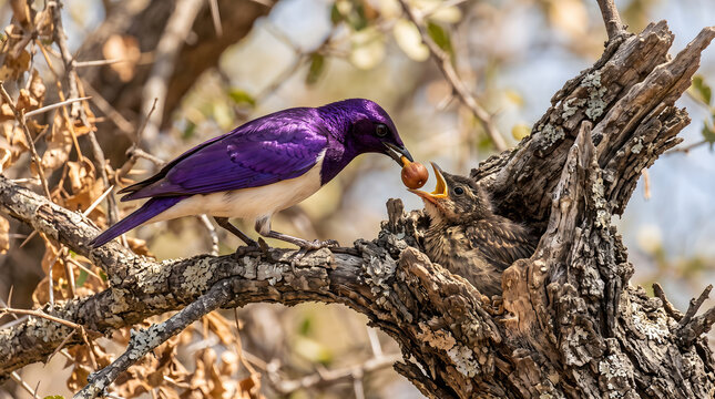 Violet-backed starling feeding its chick in a tree nest hole