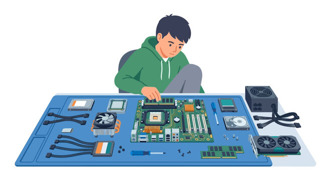 Young teenager assembling desktop computer hardware components on workbench, flat vector element.