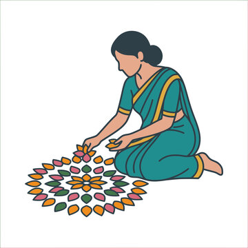 Indian woman arranging colorful flower rangoli petals.