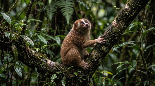 Slow loris perched on tree branch in lush rainforest environment