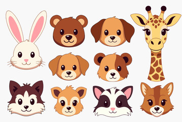 Fototapeta premium Adorable collection of cartoon animal faces including a rabbit, bear, dog, giraffe, husky, deer, raccoon, and fox on a white background.