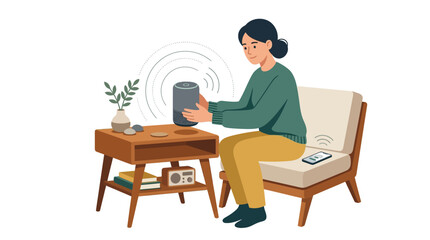 Fototapeta premium Young woman setting up smart speaker device in modern home interior flat vector illustration